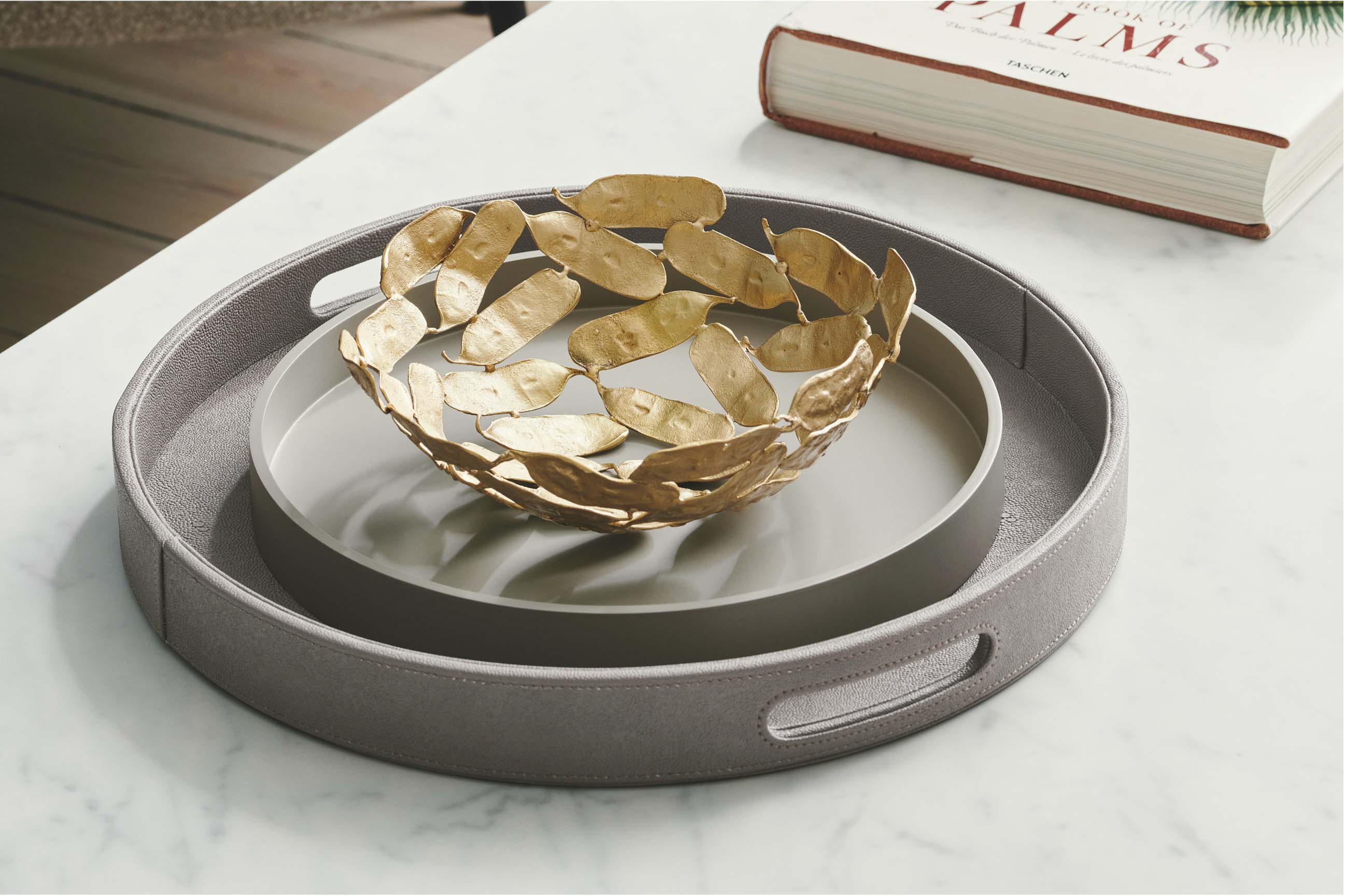 Pea pod recycled brass bowl on round circular trays