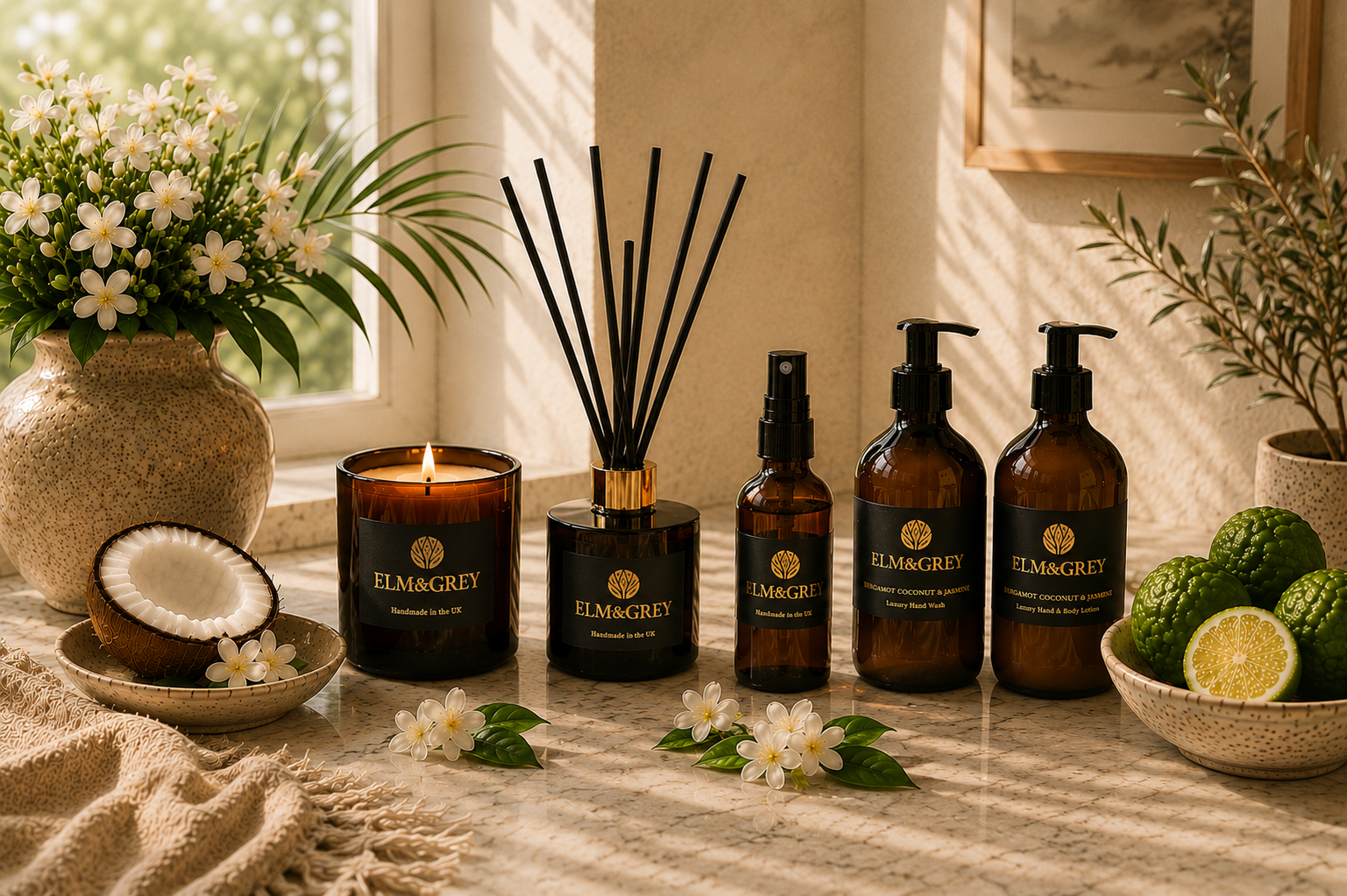 Bergamot Coconut & Jasmine luxury home fragrance collection by Elm & Grey featuring artisan candle, reed diffuser, room spray and hand wash and lotion styled in a bright uplifting interior