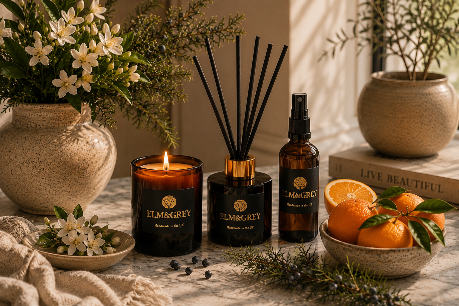Orange Blossom & Juniper luxury home fragrance collection by Elm & Grey featuring a scented candle and room spray styled with fresh citrus, orange blossom flowers and juniper botanicals.