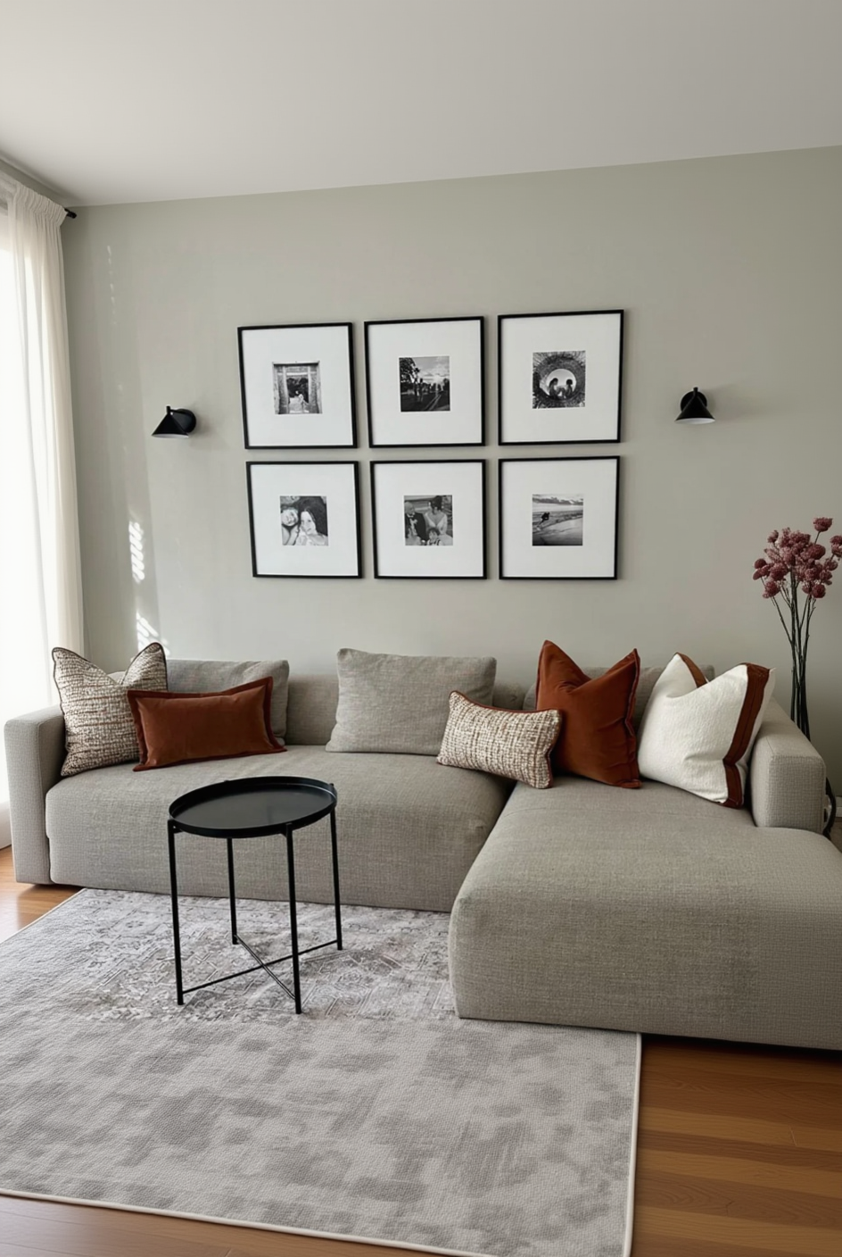 Living room with a grey sectional sofa, decorative cushions, and framed pictures on the wall.