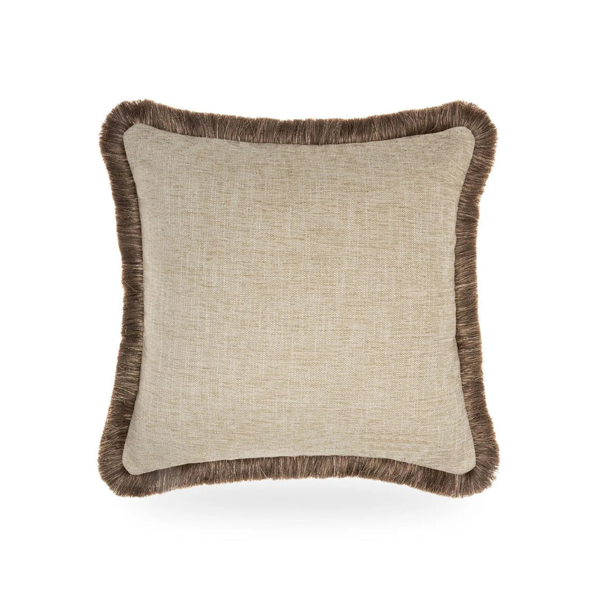 Beige cushion with brown fringes on a white background