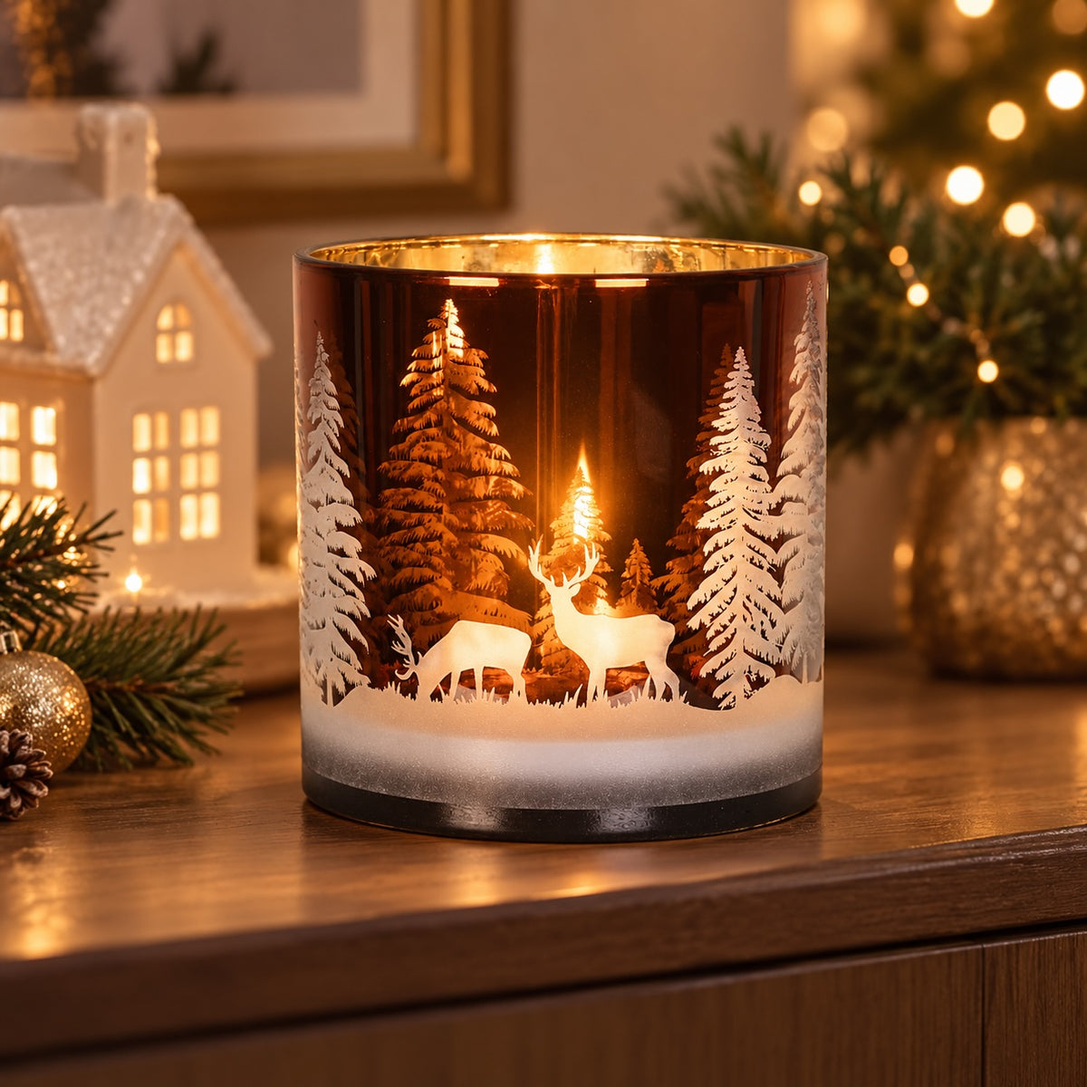 Amber Forest glass candle holder glowing in a warm winter setting styled with pine cones and a lit house 