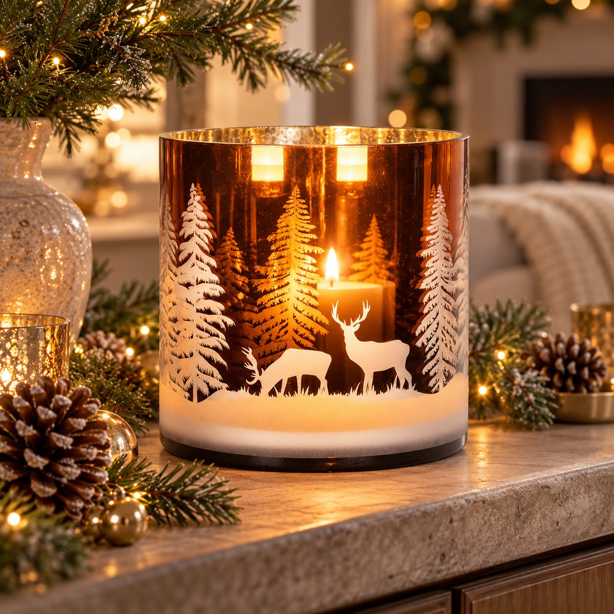A lit candle in a frosted amber glass holder with white winter forest and deer silhouettes, styled on a countertop with pine branches, pinecones, and warm holiday lights in a cosy indoor setting.
