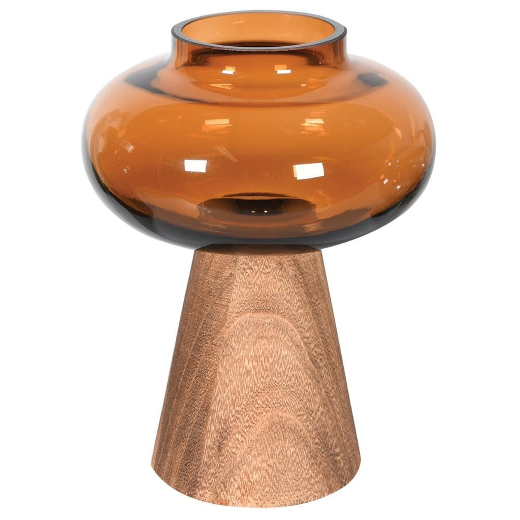 Amber Glass Vase with Wooden stand Elm and Grey