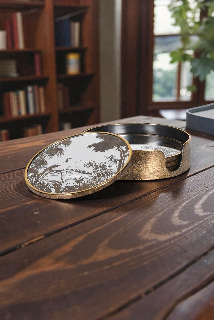 Set of 4 Antique Gold Mirrored Scenic Coasters with Holder