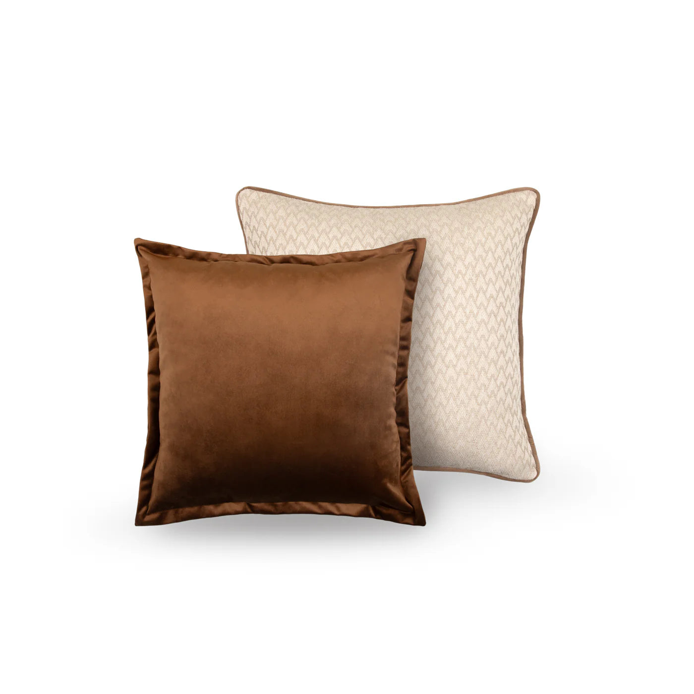Two square cushions, one in chestnut brown with an Oxford edge cuff and the other in a woven fabric with caramel piping and back.