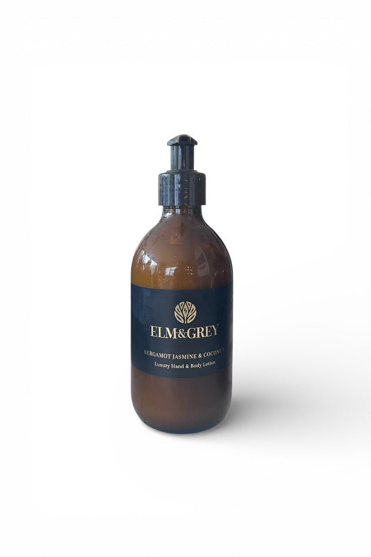 Bergamot Jasmine and Coconut Labelled Hand Lotion from Elm and Grey