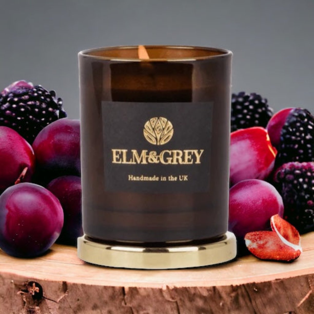 Amber Candle Container on gold lid with plums