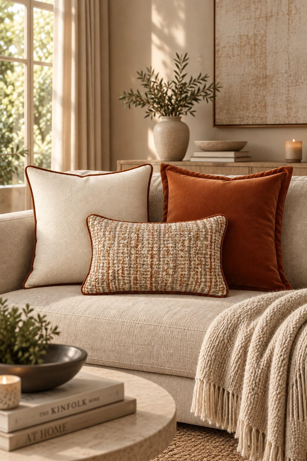 Warm neutral living room with cream sofa styled with bouclé, Carnelian velvet and Citrine lumbar cushions, layered with a textured throw and natural accessories.