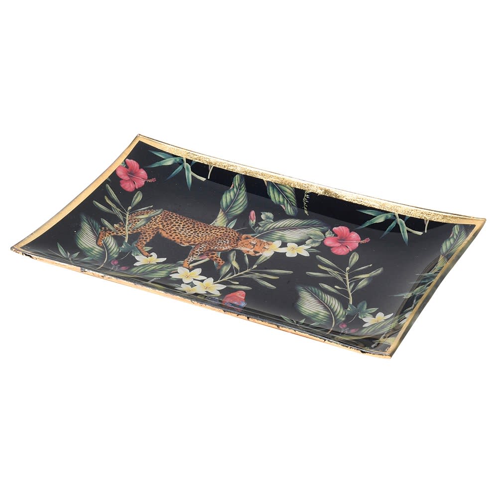 Leopard & Tropical Plant Glass Trinket Tray