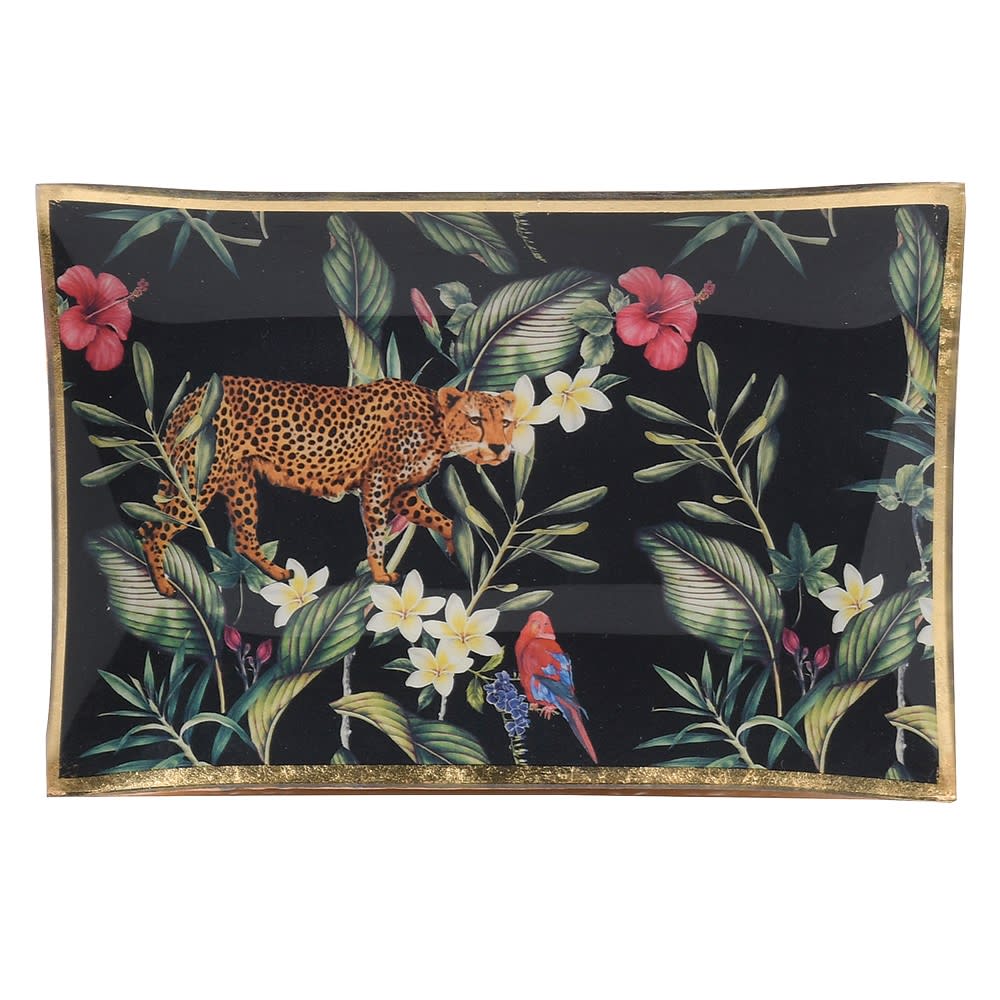 Leopard & Tropical Plant Glass Trinket Tray