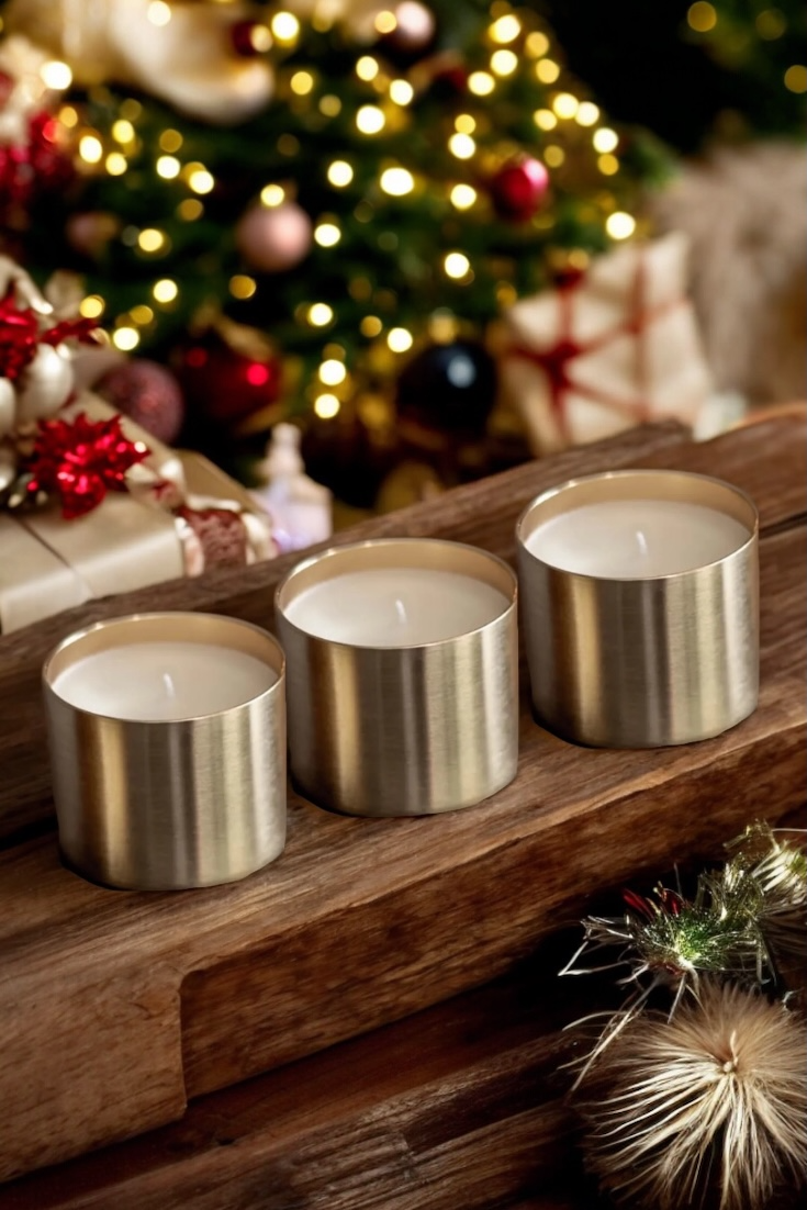Tiro of gold candles with Christmas tree in the background