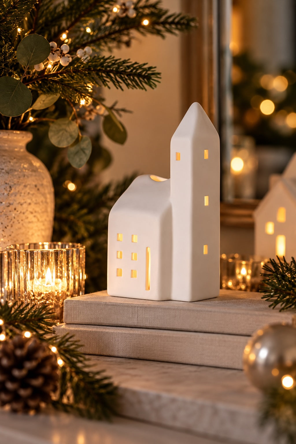 White ceramic church tealight holder glowing in a calm festive display