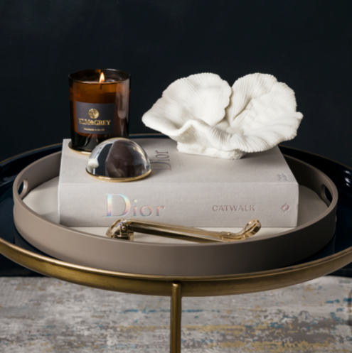 Matt Lacquered Circular Tray with Handles in Warm Grey