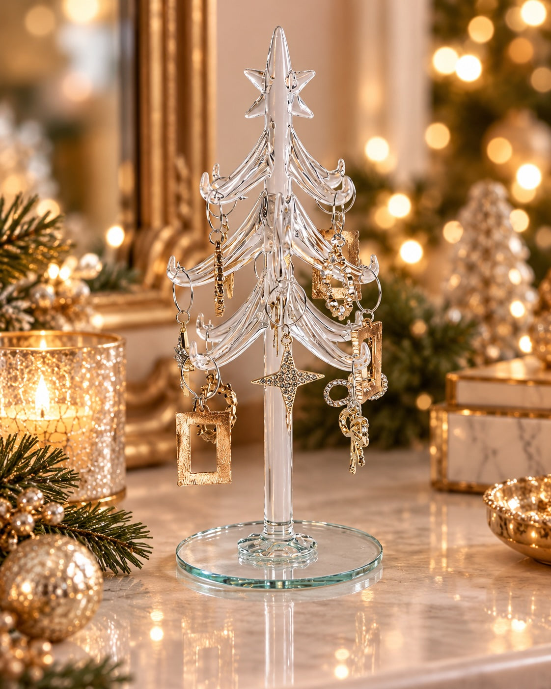 Glass Christmas tree styled with candlelight and festive greenery