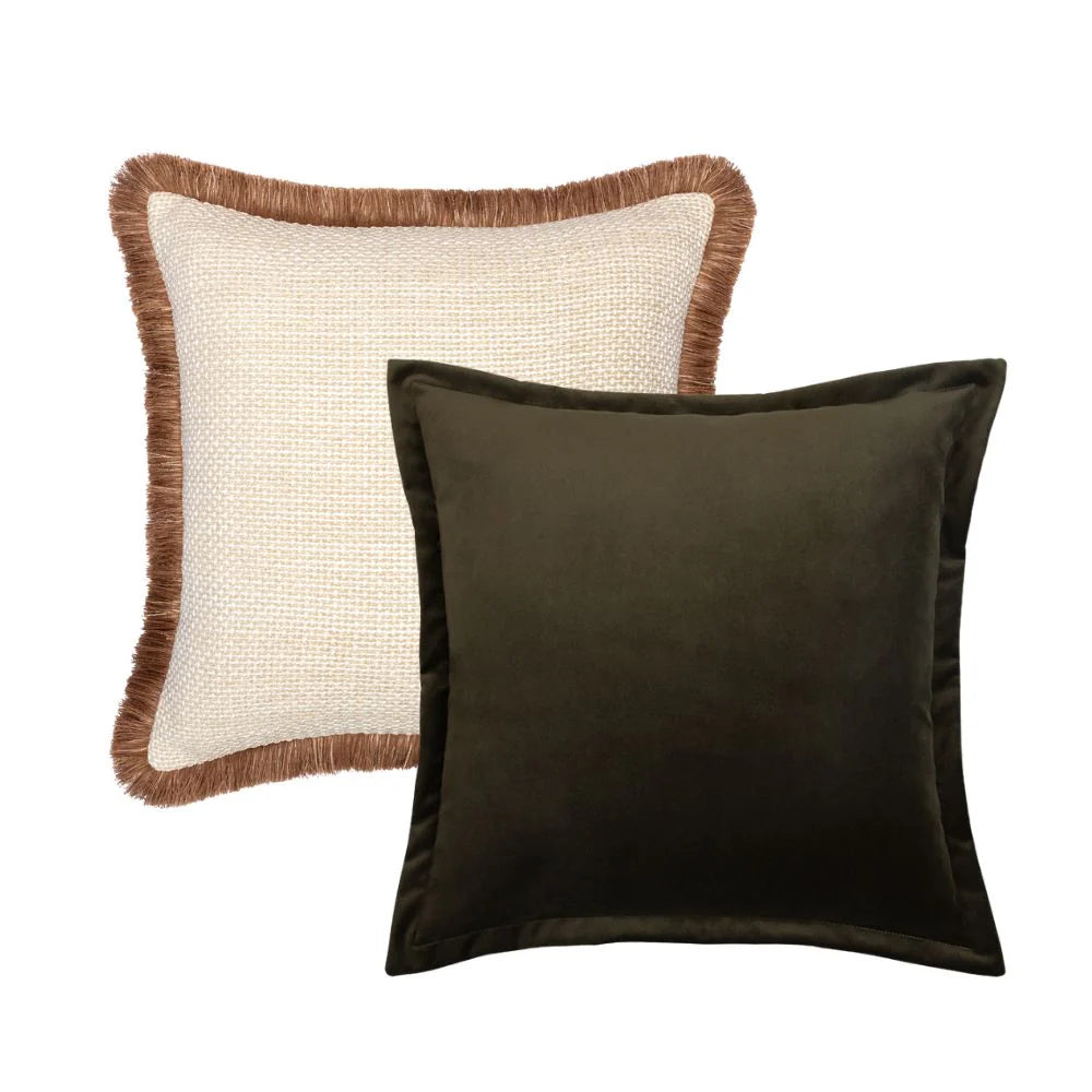 Two decorative cushions, one with a textured brown border and white background, the other solid deep green