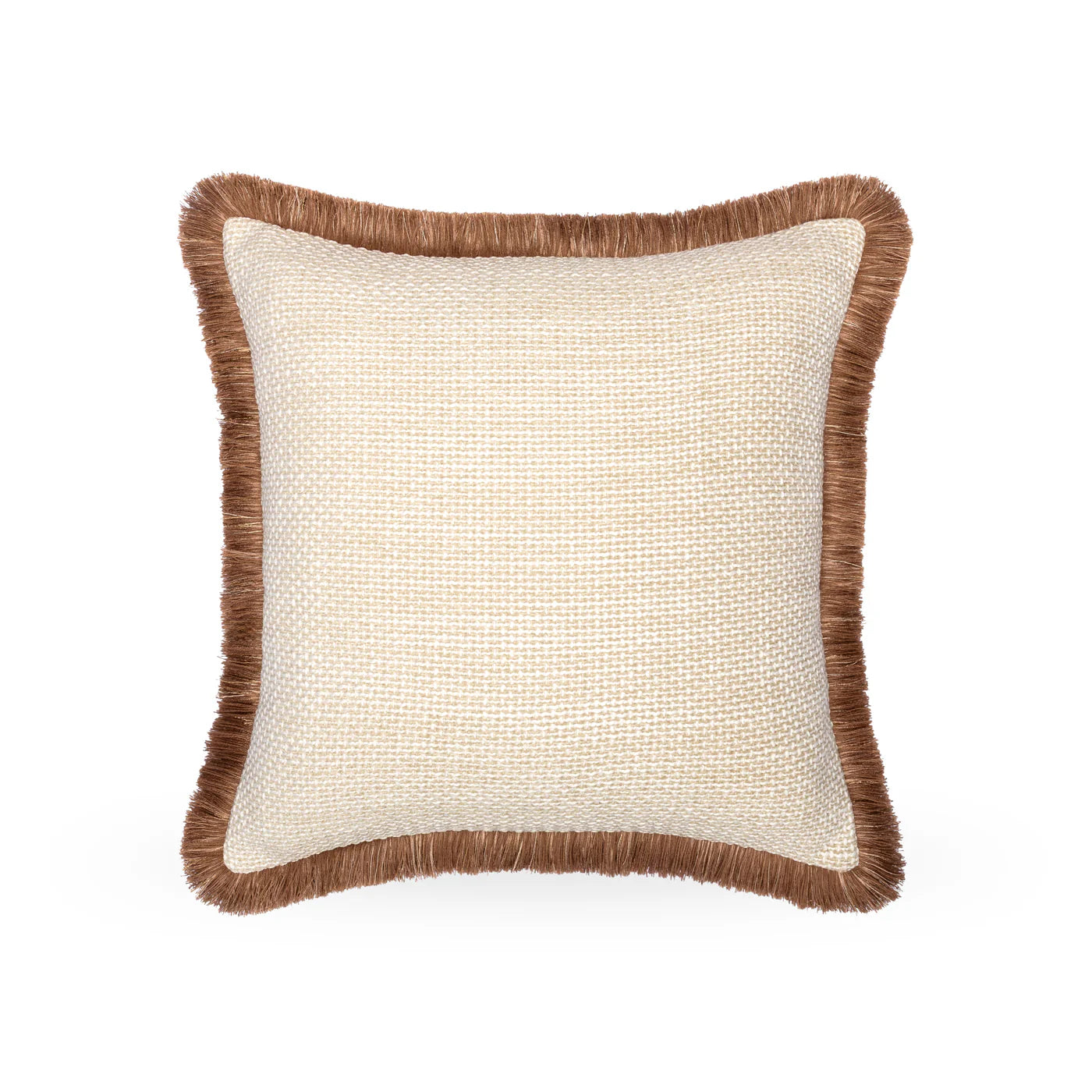 Beige pillow with brown frayed edges on a white background