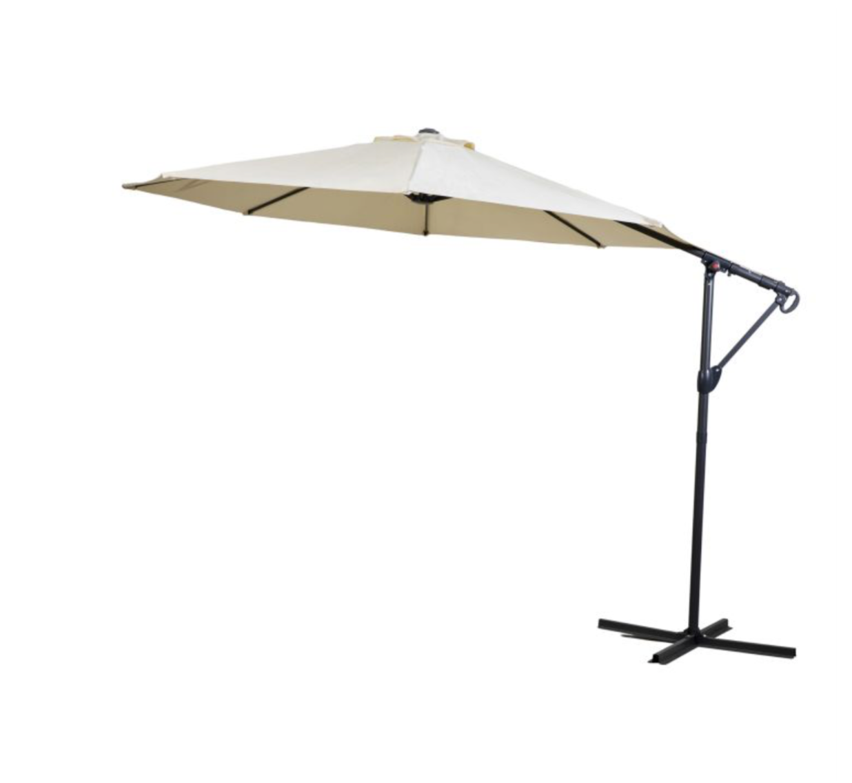 Beige patio umbrella with a black stand on a white background