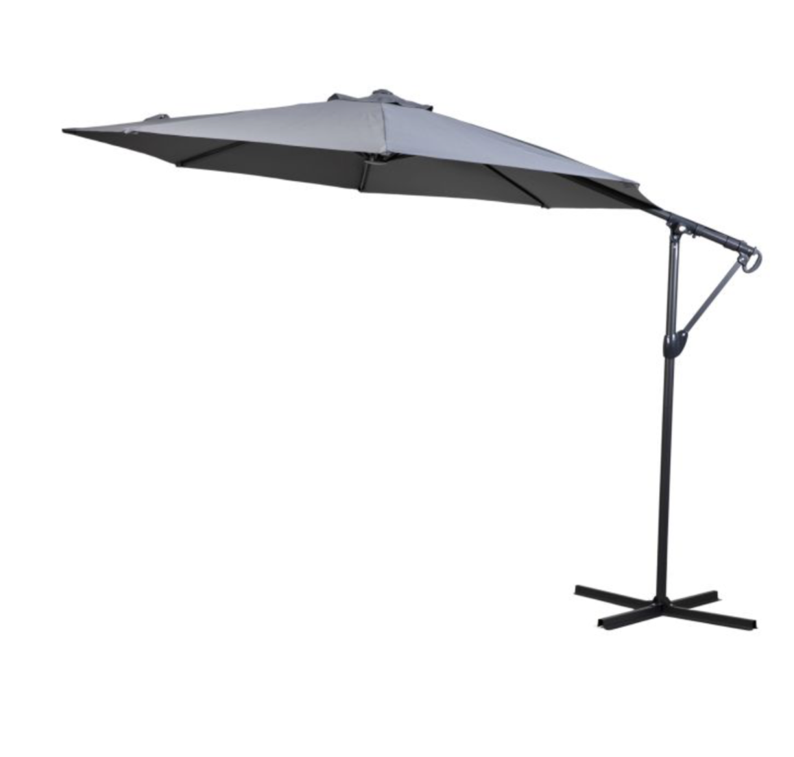 Grey patio umbrella with a black stand on a white background