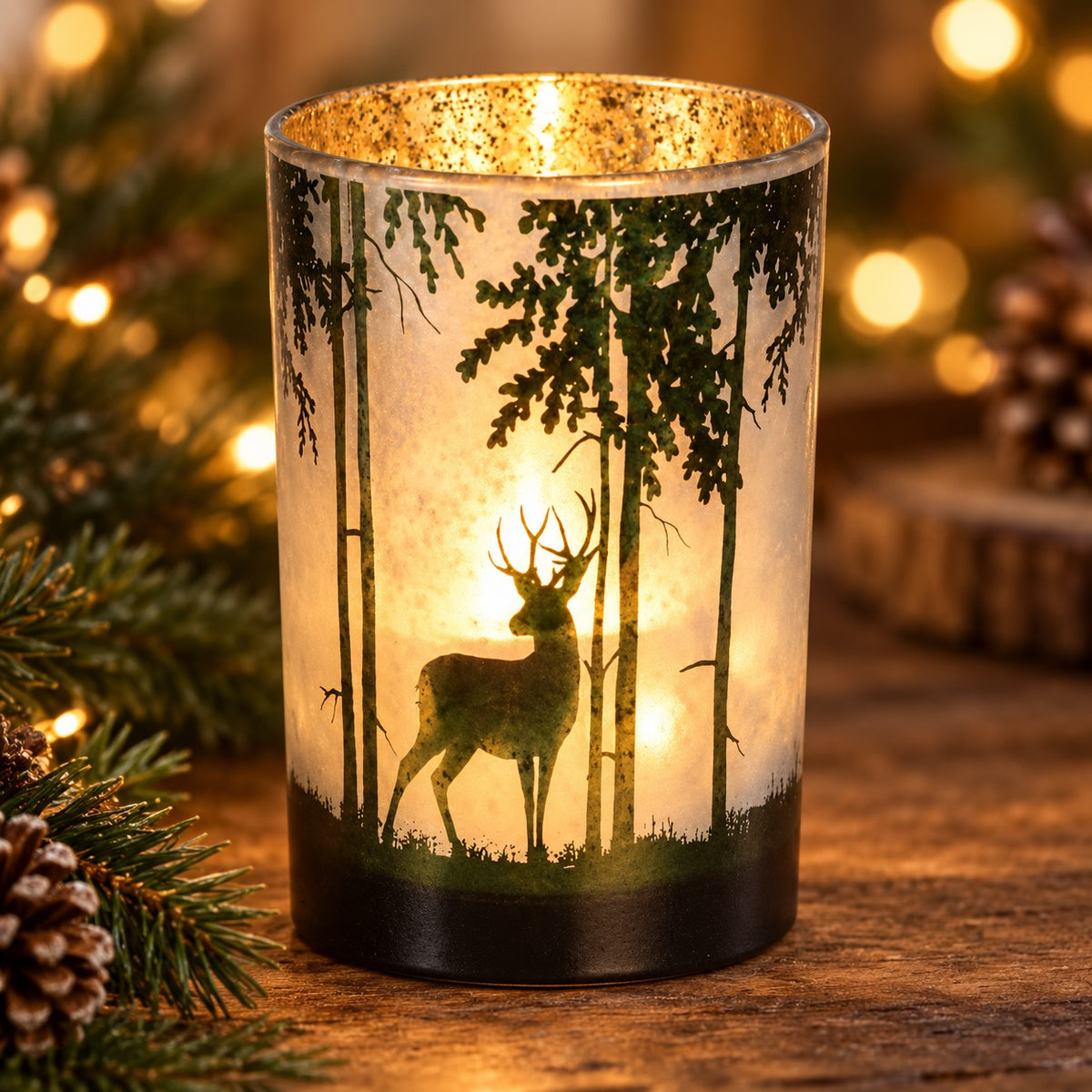Enchanted Reindeer medium glass Christmas hurricane with forest design
