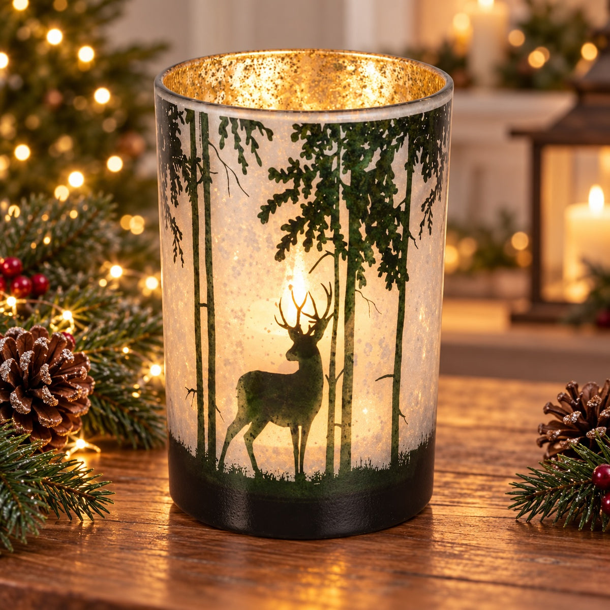 Enchanted Reindeer medium glass Christmas hurricane with forest design
