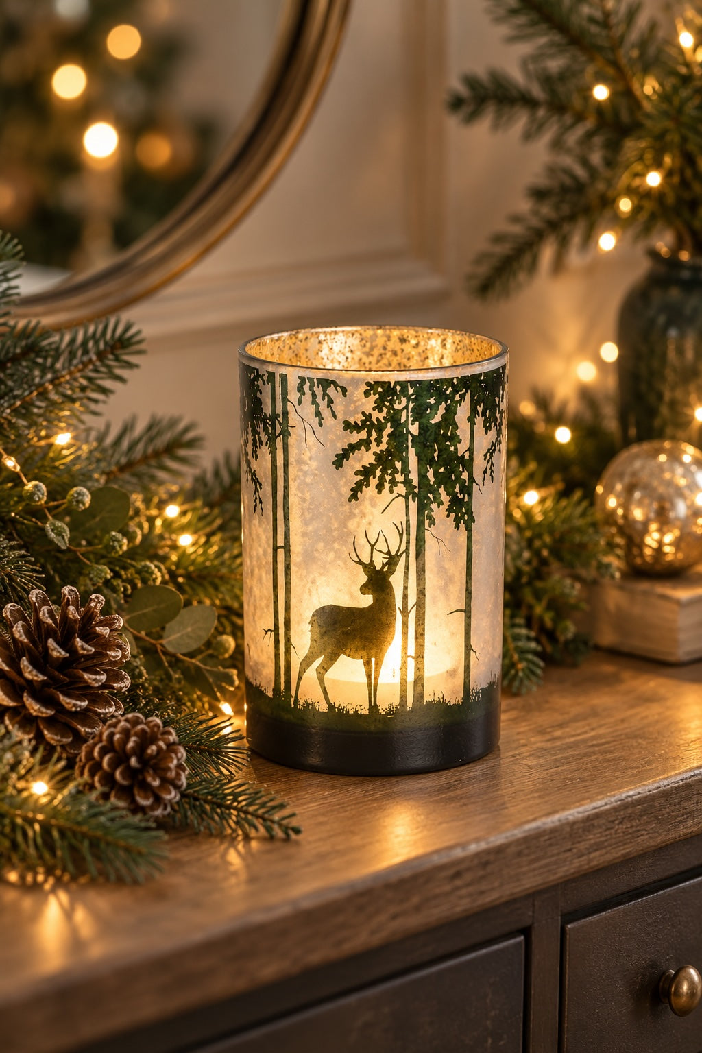 Enchanted Reindeer medium glass Christmas hurricane with forest design