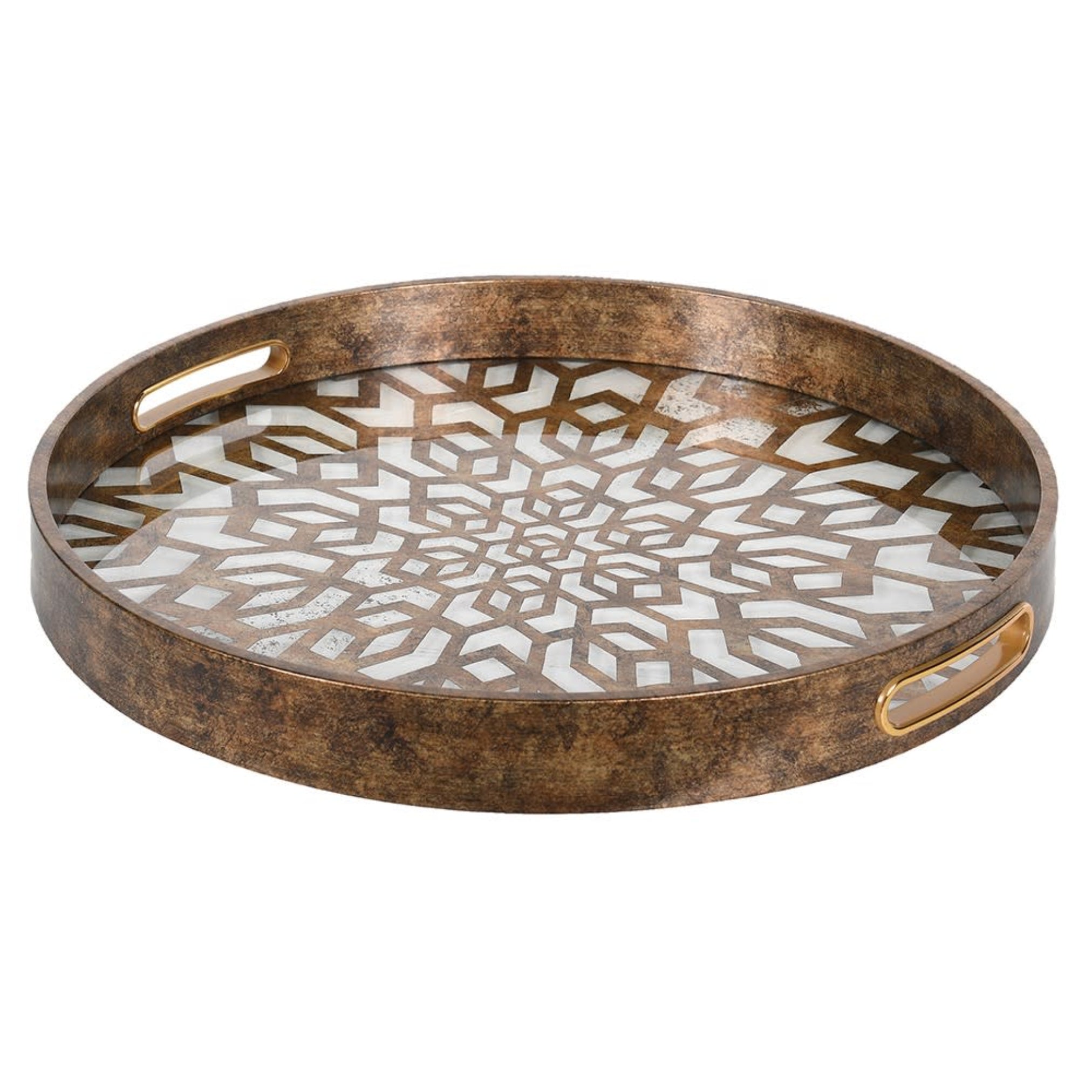 Decorative round tray with geometric pattern on a white background