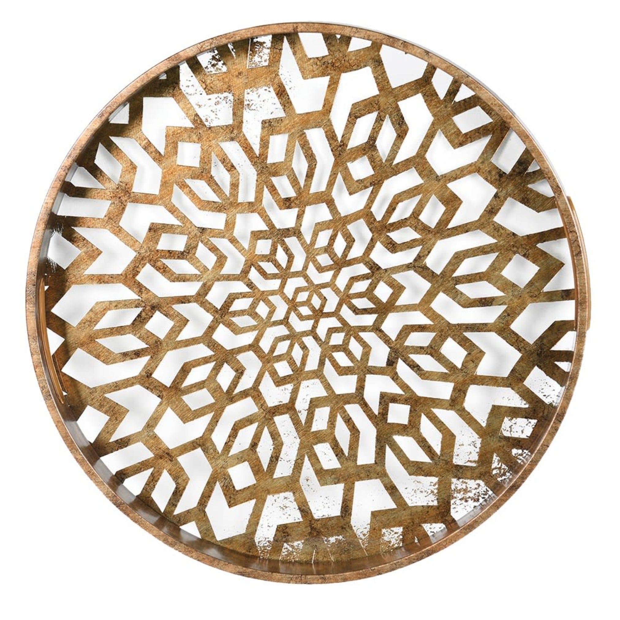 Decorative round tray with geometric pattern on a white background