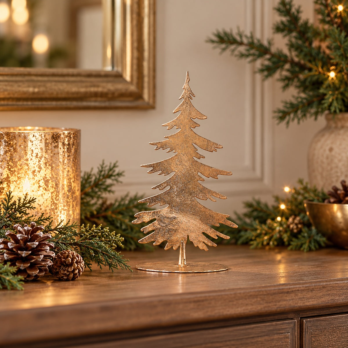 Gilded fir tree styled with reindeer, greenery and candlelight