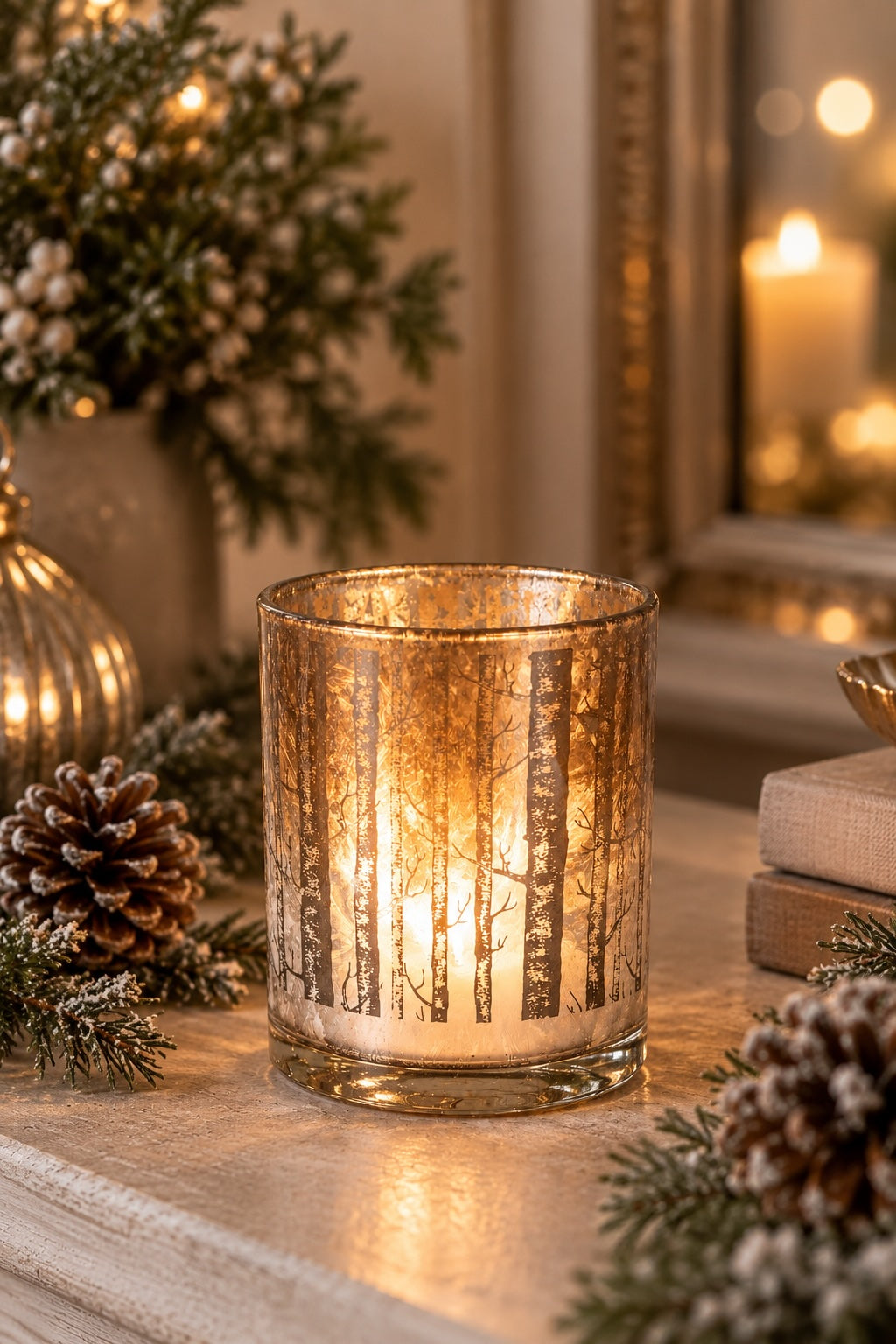 Silverbirch glass hurricane glowing in a calm winter Christmas display