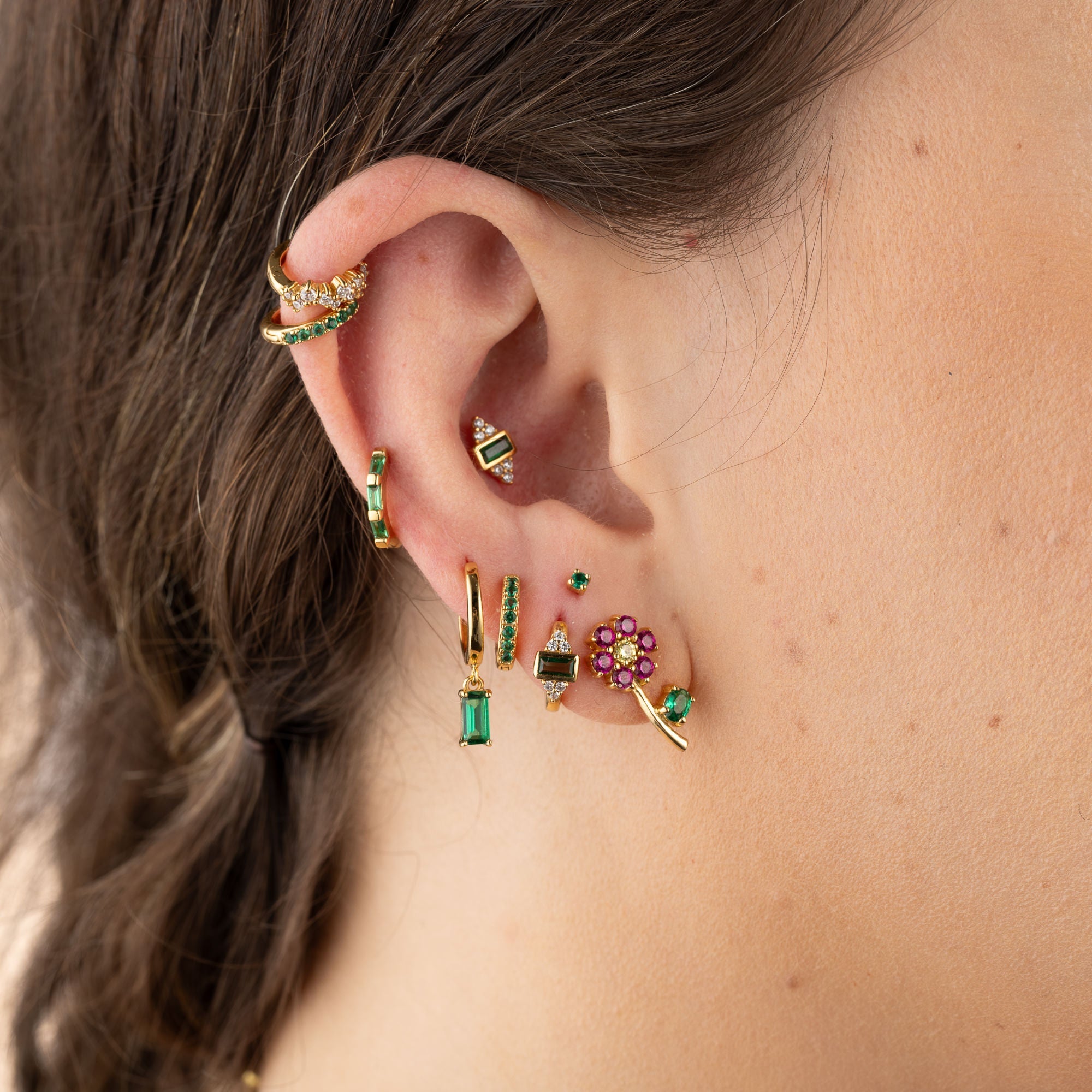 Huggie Earrings with Green Stones
