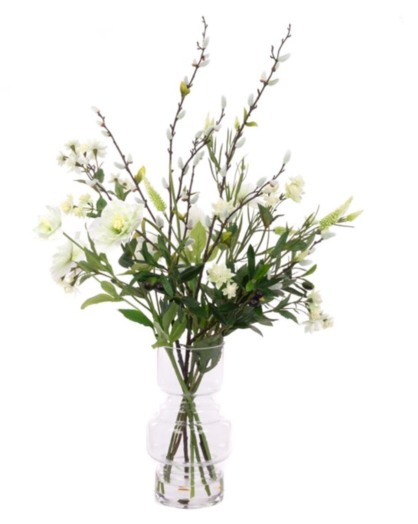 Hellebore and Astrantia Faux Arrangement in Clear Glass Vase