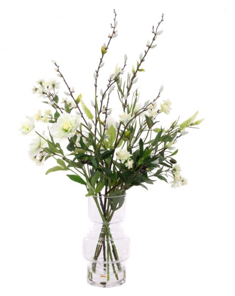 Hellebore and Astrantia Faux Arrangement in Clear Glass Vase