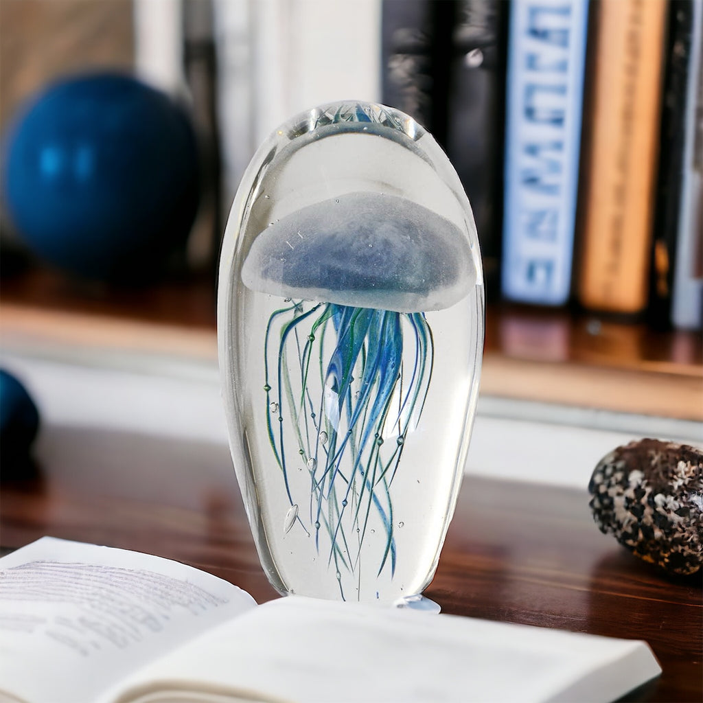 Blue and Green Jellyfish Paperweight in Clear Glass