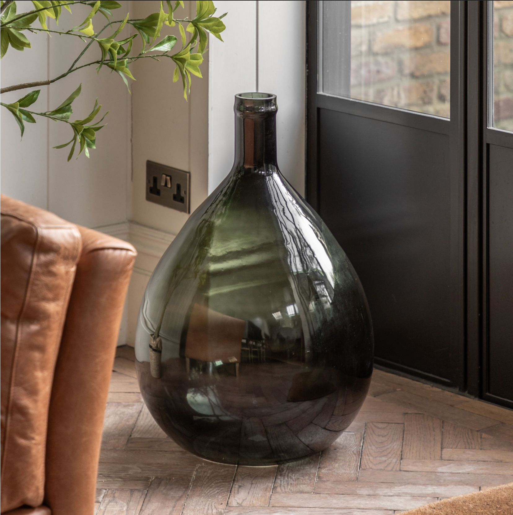 Olive Glass Floor Vase – Oversized Handblown Bottle Vase