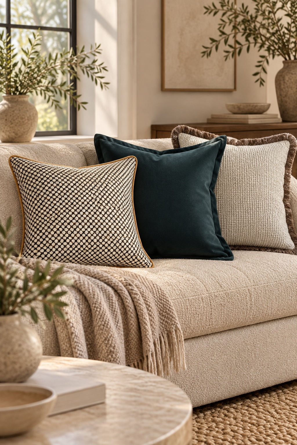 Warm neutral sofa styled with three 50cm cushions in graphic Onyx, deep Petrol velvet and textured Sesame with fringe, layered with a cosy throw and natural accessories.
