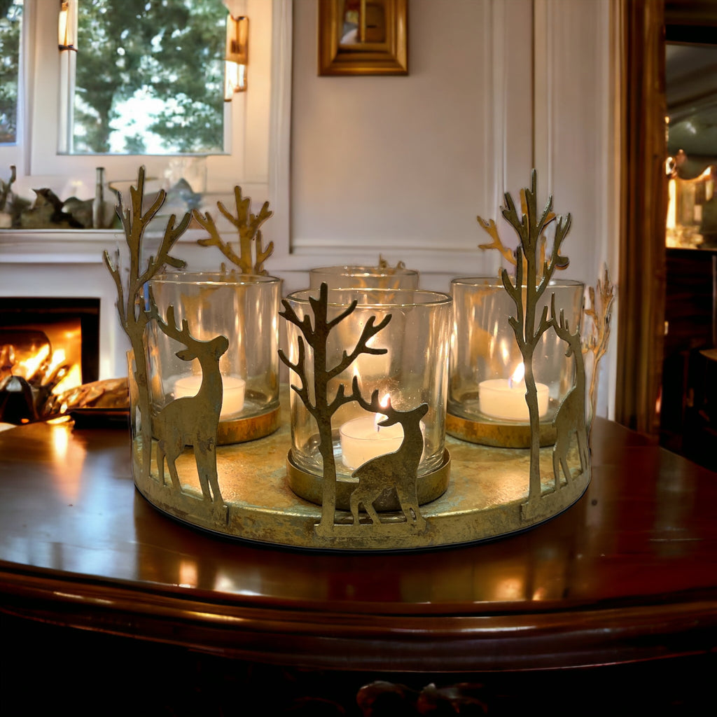 Gold Reindeer Candle Holder Centrepiece