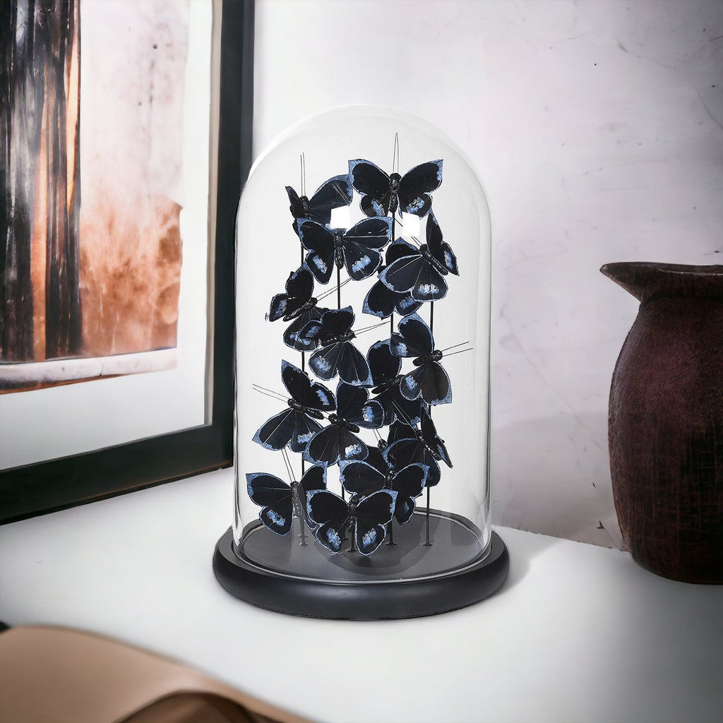 Black and Silver Faux Butterflies in Glass Dome