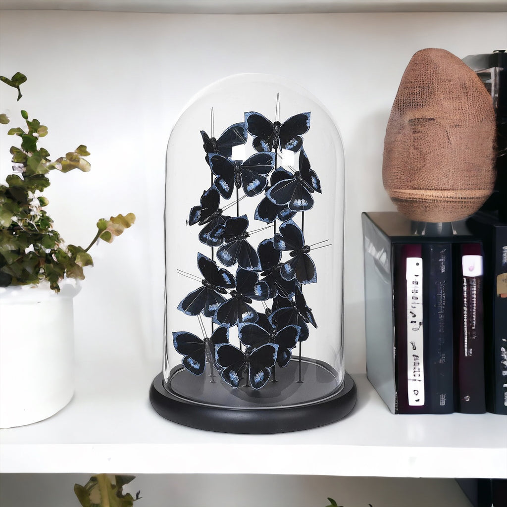 Black and Silver Faux Butterflies in Glass Dome