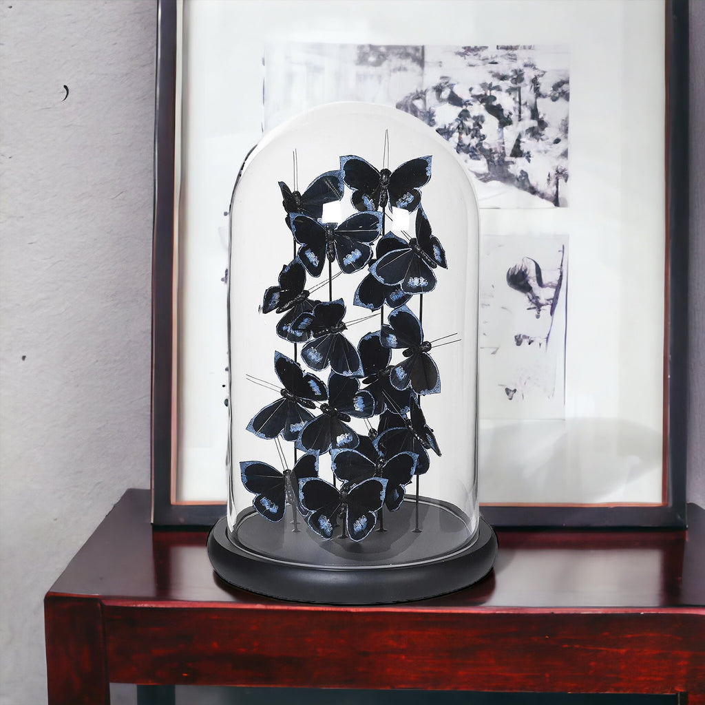 Black and Silver Faux Butterflies in Glass Dome