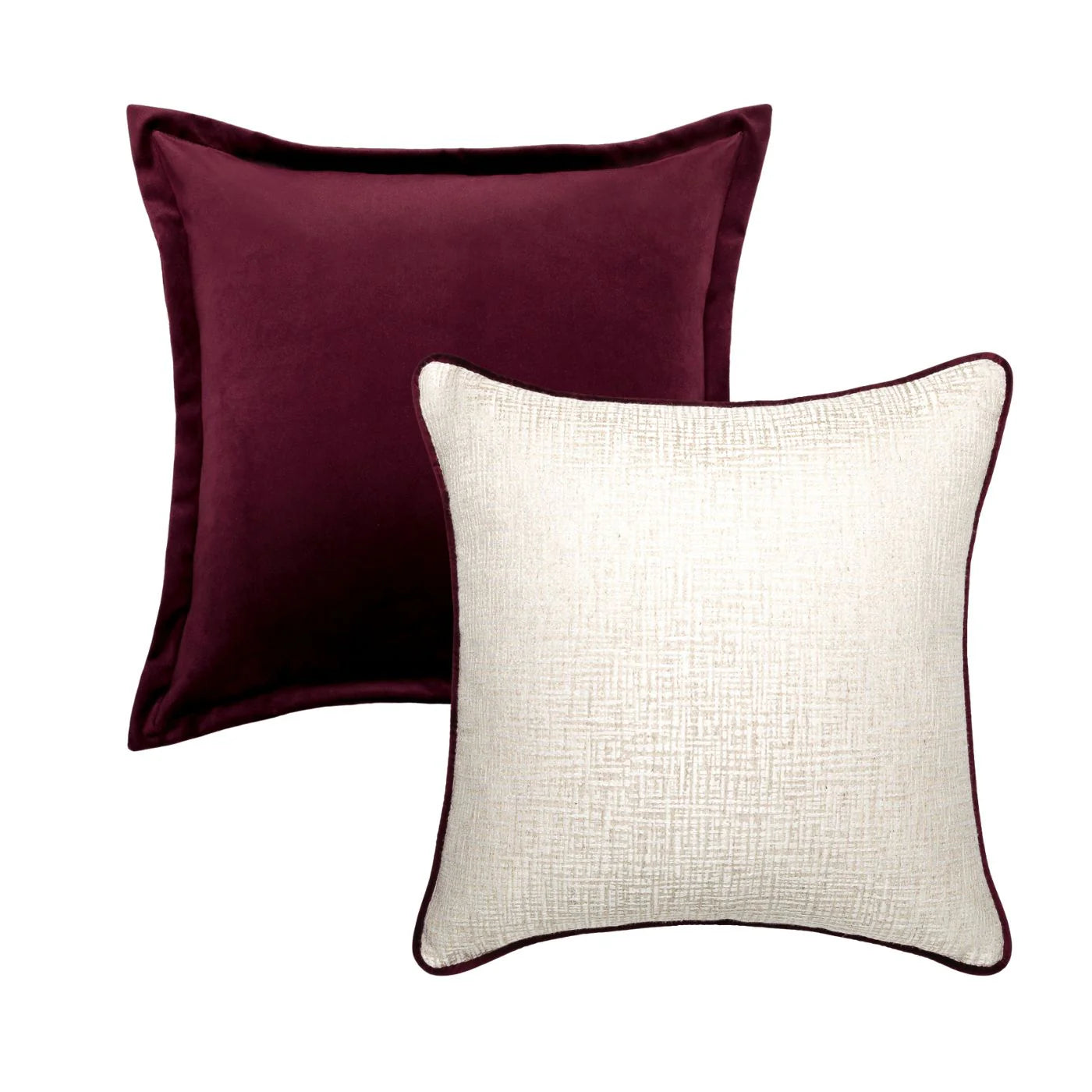 Two cushions, one plum and one beige, on a white background