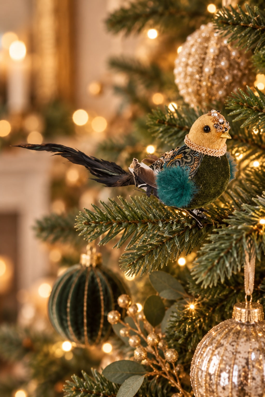 Clip bird decoration styled on a Christmas tree with warm lights