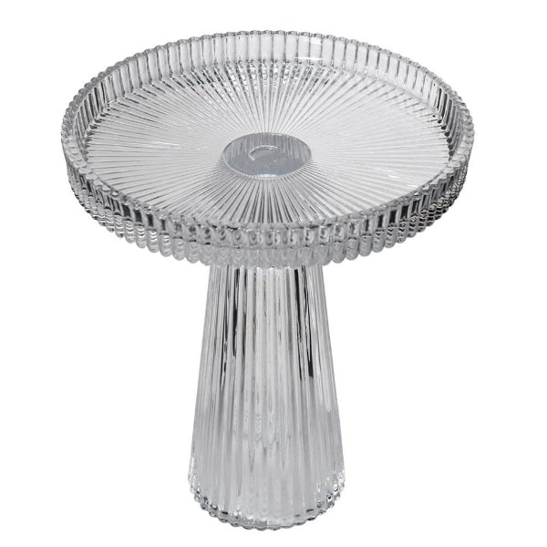 Clear cake stand on a white background