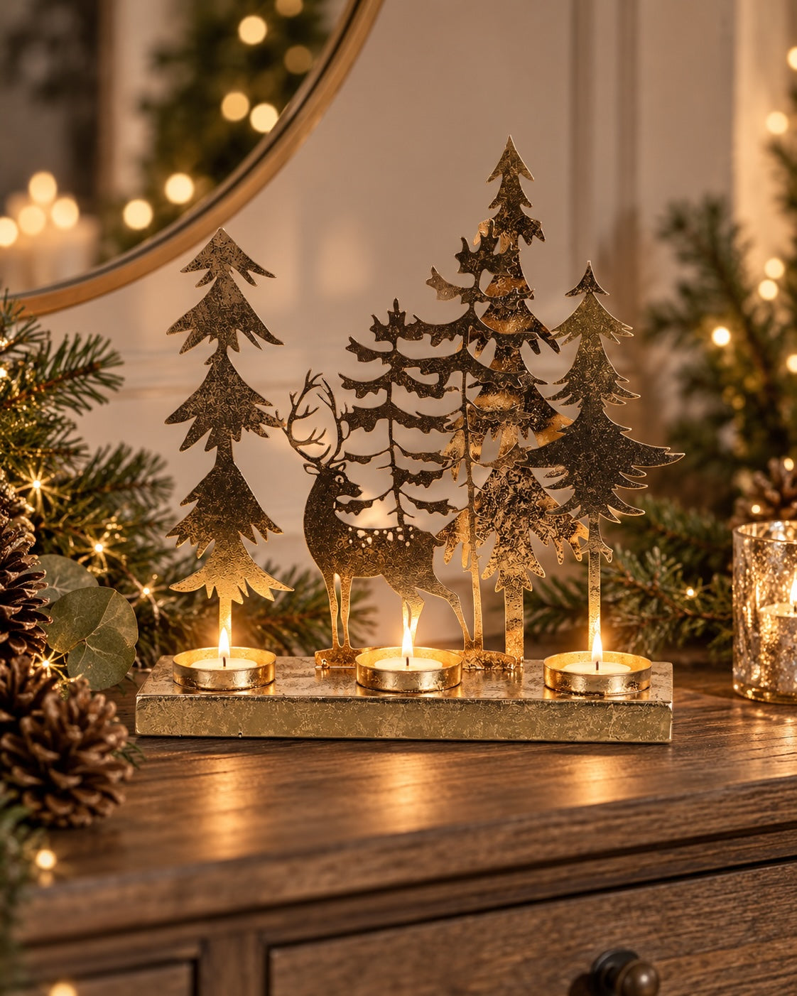 Savernake Reindeer Scene Candle Holder glowing with three tealights in a festive display