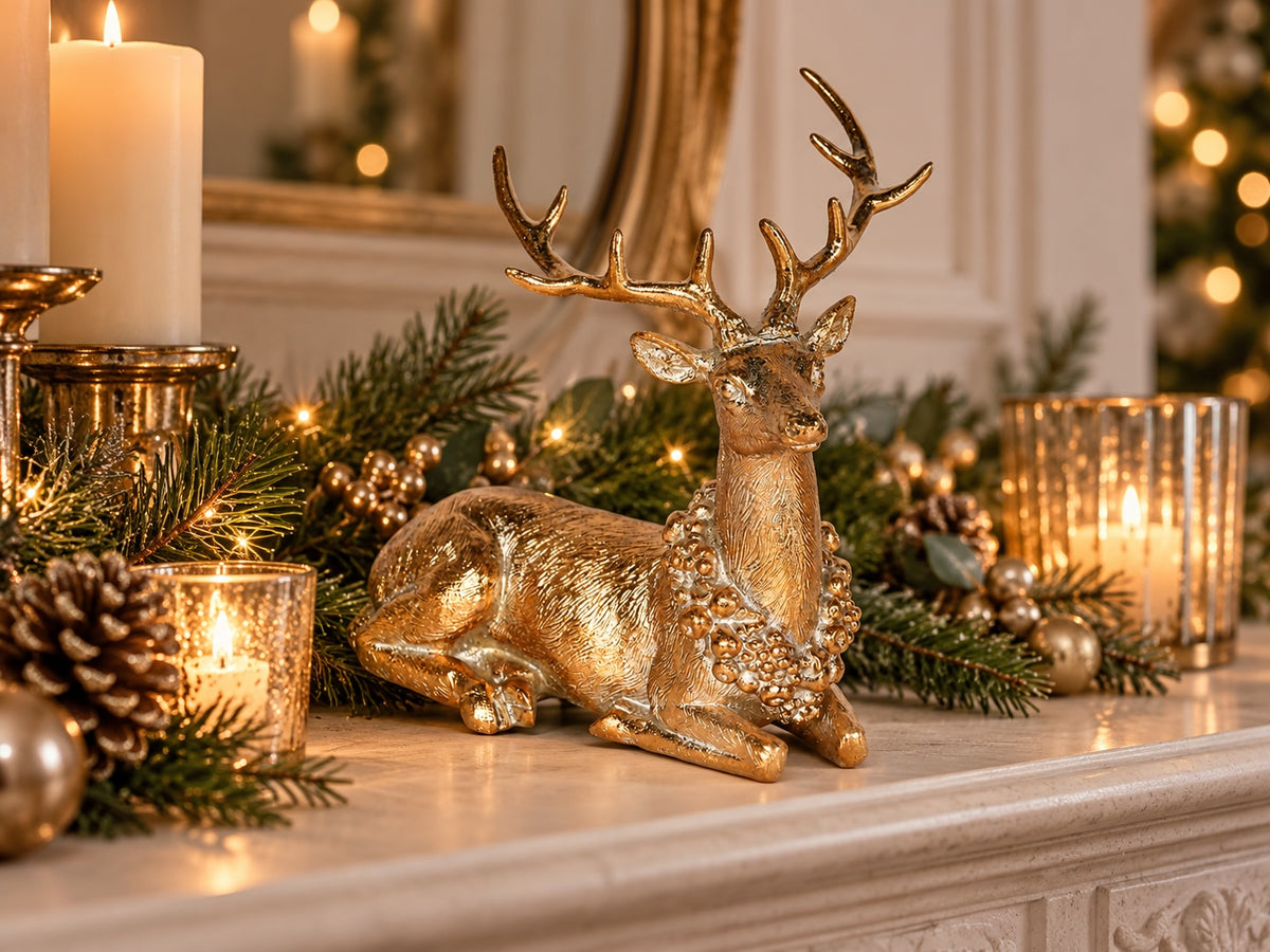 Gold resting reindeer styled with gilded fir trees and Christmas greenery