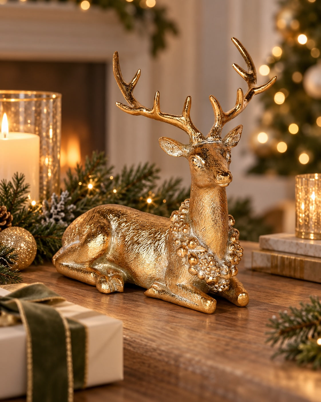 Gold resting reindeer styled with gilded fir trees and Christmas greenery
