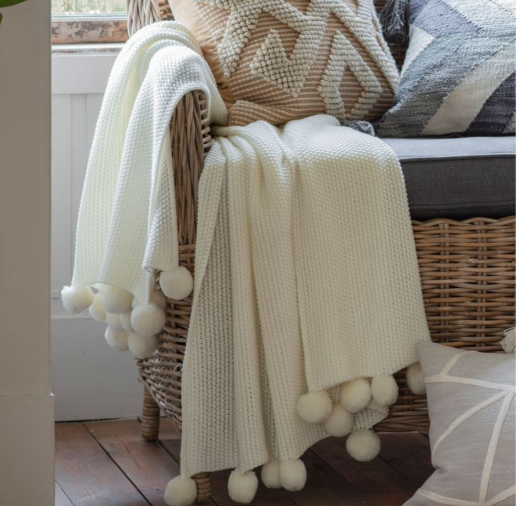 Moss Stitched Pom Pom Throw