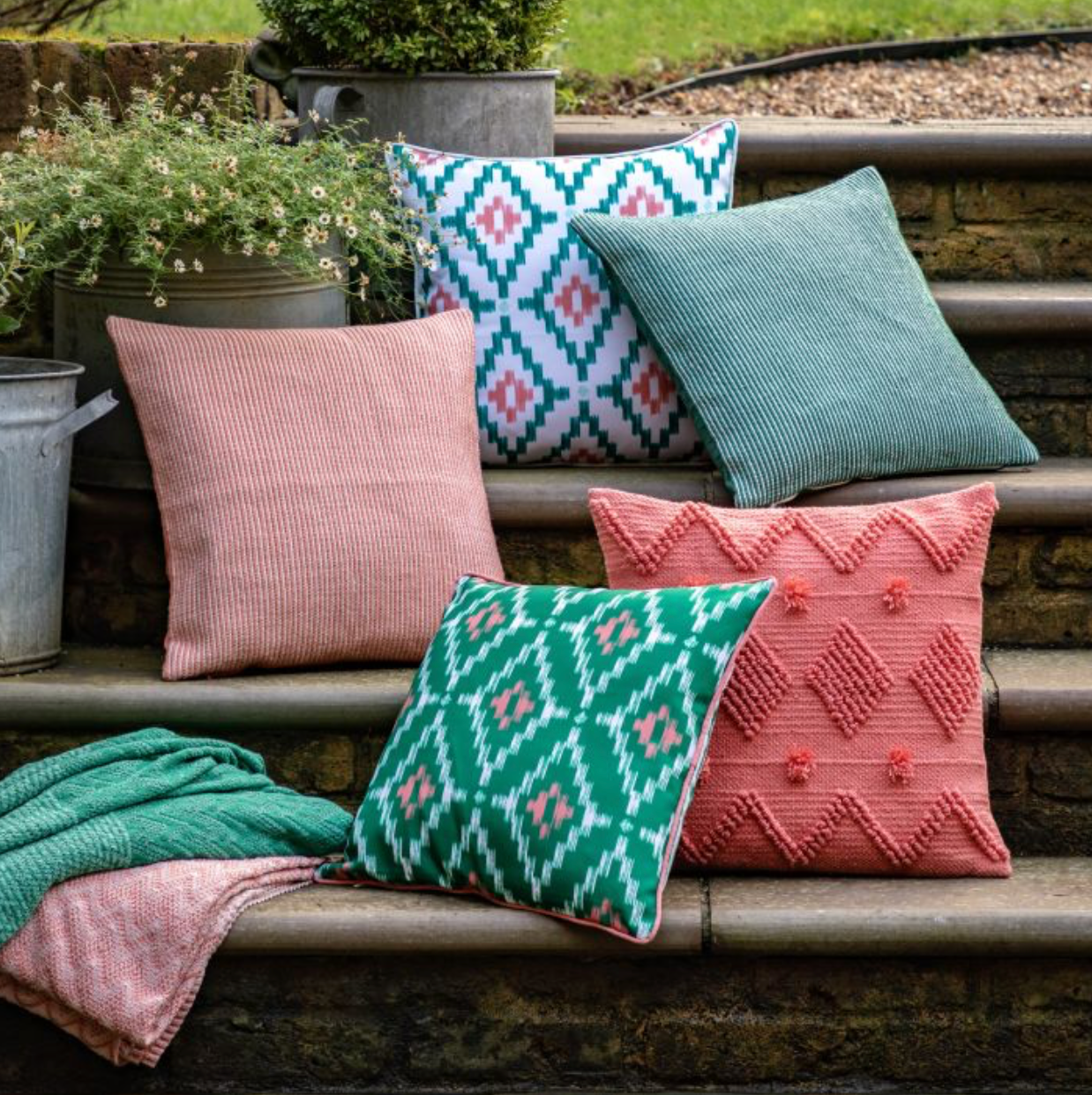 Set of 2 Green & Coral Geo Diamond Outdoor Cushions H:45cm x W:45cm