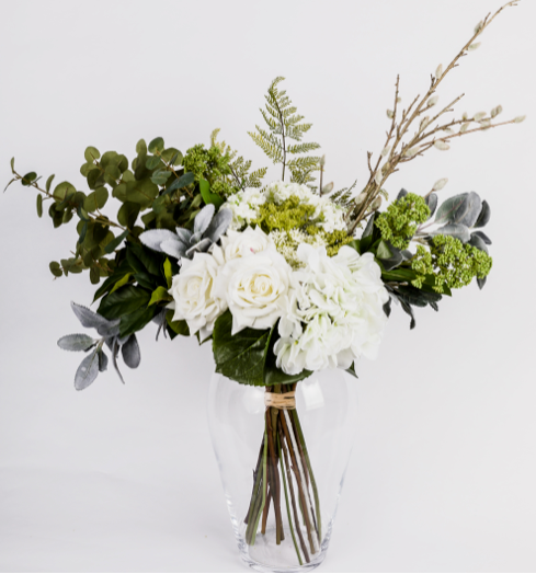 Hand tied faux flower bouquet cream white and green
