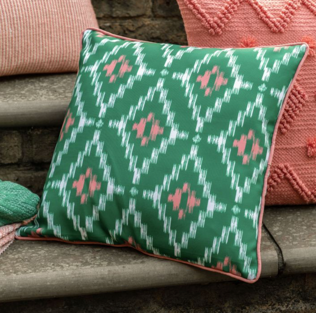 Set of 2 Green & Coral Geo Diamond Outdoor Cushions H:45cm x W:45cm